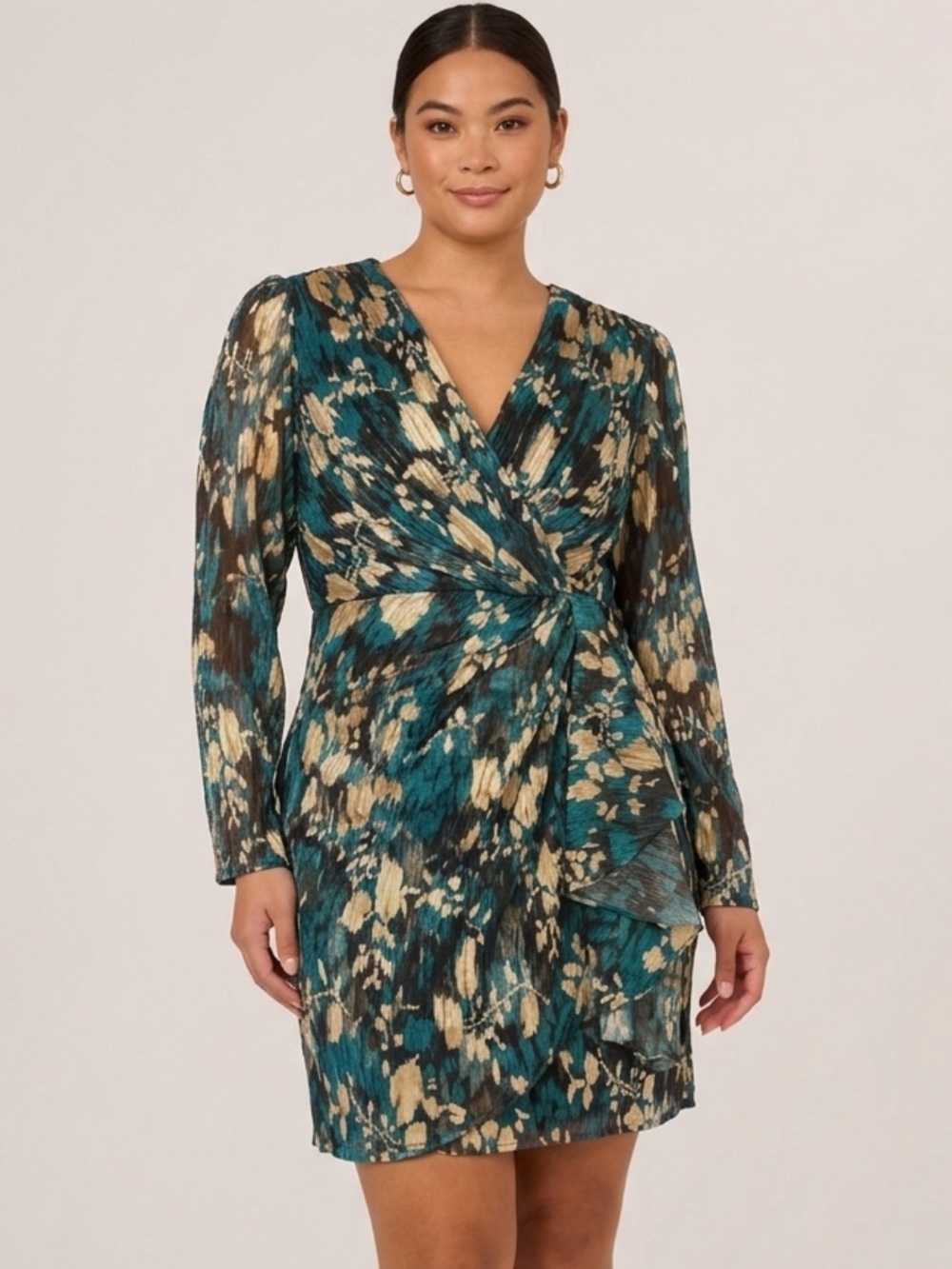 NWT adriana papell Long Sleeves Crinkle Foil Faux Wrap Dress SIZE 14